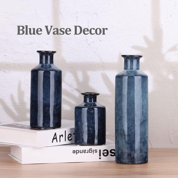 Blue Ceramic Vases Set-3 Blue Small Vase Fireplace Décor and Entrance Decoration - Picture 3 of 8